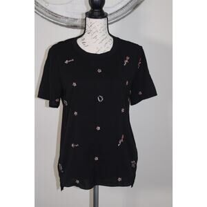French Connection Black Embellished Top Women Size L Short Sleeve Beaded Blouse